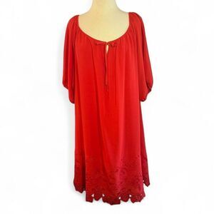 Sharagano Orange/Red boho off-the-shoulder sheath dress with embroidered hem 16